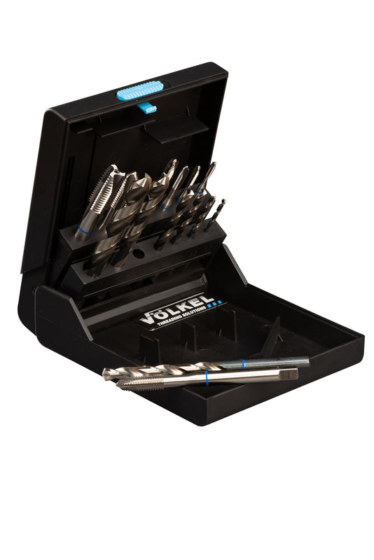 47857, VOLKEL, Machine Taps Set BLUERING + Drills, DIN 371/376 HSSE Form B, M 3 - 12