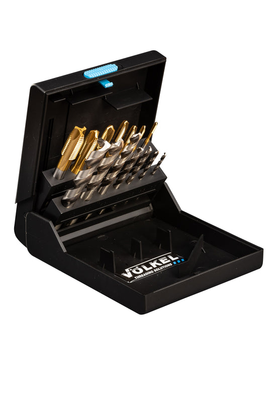 47836, VOLKEL, Machine Taps Set P.K. 36 + Drills, DIN 371/376 HSSE-TiN Form B, M 3 - 12