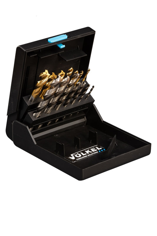 47848, VOLKEL, Machine Taps Set P.K. 48 + Drills, DIN 371/376 HSSE-TiN Form R35, M 3 - 12